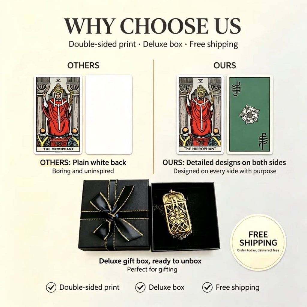 A promotional comparison graphic for a tarot card gift set, titled 'WHY CHOOSE US,' showing a side-by-side 'OTHERS' and 'OURS' comparison. The 'OTHERS' side shows a plain white tarot card back, while the 'OURS' side shows a detailed green tarot card back.